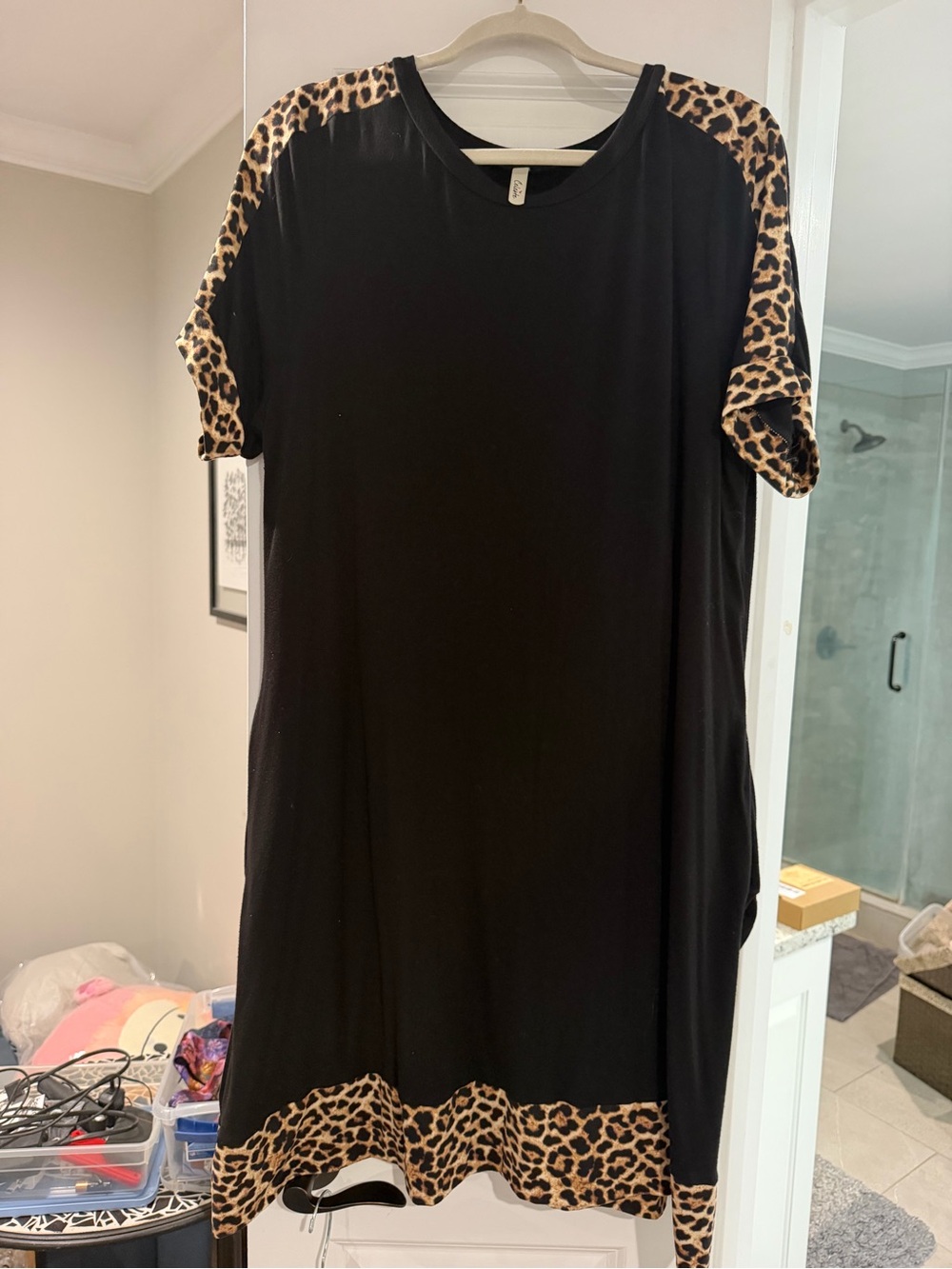 Celeste Black Dress with Leopard Trim